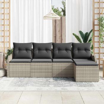 5-teiliges Garten Sofa Set mit Kissen Hellgrau Poly Rattan, 2-Sitzer Garten Sofa mit Kissen Hellgrau Poly Rattan