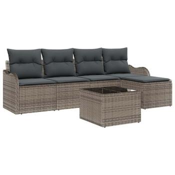 5-teilige Garten Sofagarnitur mit Kissen Schwarz Poly Rattan, 2-Sitzer Garten Sofa mit Kissen Grau Poly Rattan
