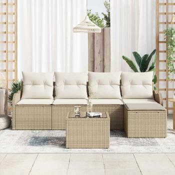 6-teiliges Garten Sofa Set mit Kissen Braunes Poly Rattan, 2-Sitzer Garten Sofa mit Kissen Beige Poly Rattan