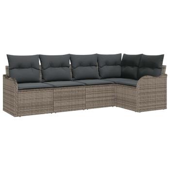 5-teiliges Garten-Sofa-Set mit Kissen Graues Poly-Rattan, 2-Sitzer Garten-Sofa mit Kissen Graues Poly-Rattan