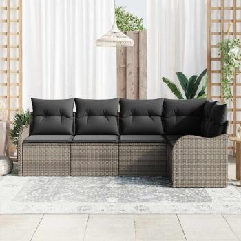 5-teiliges Garten-Sofa-Set mit Kissen Graues Poly-Rattan, 2-Sitzer Garten-Sofa mit Kissen Graues Poly-Rattan