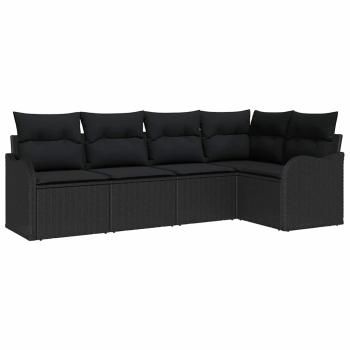 5-teiliges Garten-Sofa-Set mit Kissen Schwarz Poly-Rattan, 2-Sitzer Garten-Sofa mit Kissen Schwarz Poly-Rattan