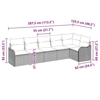 6-teiliger Garten Sofa Set mit Kissen Schwarz Poly Rattan, 2-Sitzer Garten Sofa mit Kissen Schwarz Poly Rattan