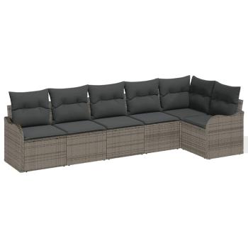 6-teiliges Garten-Sofa-Set mit Kissen in Grau aus Poly-Rattan, 2-Sitzer Garten-Sofa mit Kissen in Grau aus Poly-Rattan
