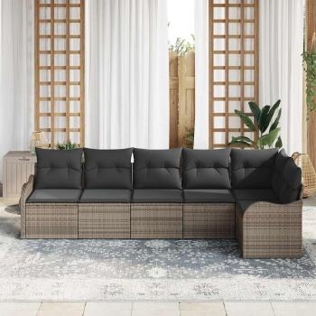 6-teiliges Garten-Sofa-Set mit Kissen in Grau aus Poly-Rattan, 2-Sitzer Garten-Sofa mit Kissen in Grau aus Poly-Rattan