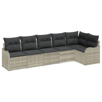 6-teiliges Garten-Sofa-Set mit Kissen Hellgrau Poly Rattan, 2-Sitzer Garten-Sofa mit Kissen Hellgrau Poly Rattan