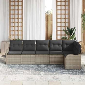 6-teiliges Garten-Sofa-Set mit Kissen Hellgrau Poly Rattan, 2-Sitzer Garten-Sofa mit Kissen Hellgrau Poly Rattan