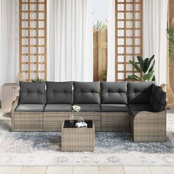 6-Teiliges Garten Sofa Set mit Kissen Schwarz Poly Rattan, 2-Sitzer Garten Sofa mit Kissen Grau Poly Rattan