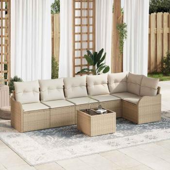 ARDEBO.de - 7-teiliges Garten Sofa Set mit Kissen aus braunem Poly Rattan, 2-Sitzer Garten Sofa mit Kissen aus beigem Poly Rattan