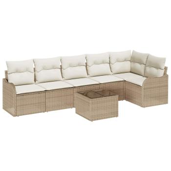 7-teiliges Garten Sofa Set mit Kissen aus braunem Poly Rattan, 2-Sitzer Garten Sofa mit Kissen aus beigem Poly Rattan