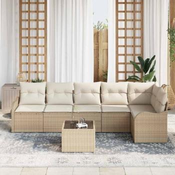7-teiliges Garten Sofa Set mit Kissen aus braunem Poly Rattan, 2-Sitzer Garten Sofa mit Kissen aus beigem Poly Rattan