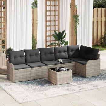 ARDEBO.de - 7-teiliges Garten-Sofa-Set mit Kissen, graues Poly-Rattan, 2-Sitzer Garten-Sofa mit Kissen, hellgraues Poly-Rattan