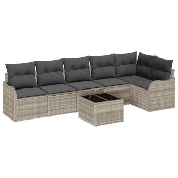 7-teiliges Garten-Sofa-Set mit Kissen, graues Poly-Rattan, 2-Sitzer Garten-Sofa mit Kissen, hellgraues Poly-Rattan