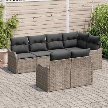7-teilige Garten-Sofa-Set mit Kissen Grau Poly Rattan, 2-Sitzer Garten Sofa mit Kissen Grau Poly Rattan