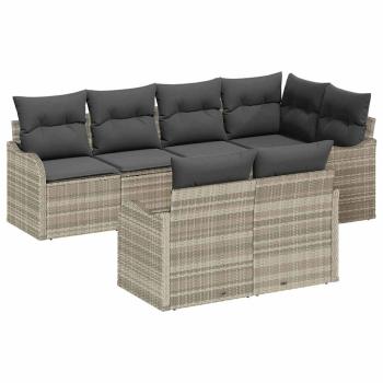 7-teiliges Garten-Sofa-Set mit Kissen Hellgrau Poly-Rattan, 2-Sitzer Garten-Sofa mit Kissen Hellgrau Poly-Rattan