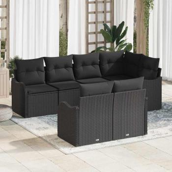 ARDEBO.de - 7-teiliges Garten-Sofa-Set mit Kissen Schwarz Poly-Rattan, 2-Sitzer Garten-Sofa mit Kissen Schwarz Poly-Rattan