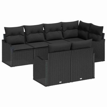 7-teiliges Garten-Sofa-Set mit Kissen Schwarz Poly-Rattan, 2-Sitzer Garten-Sofa mit Kissen Schwarz Poly-Rattan