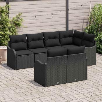 7-teiliges Garten-Sofa-Set mit Kissen Schwarz Poly-Rattan, 2-Sitzer Garten-Sofa mit Kissen Schwarz Poly-Rattan