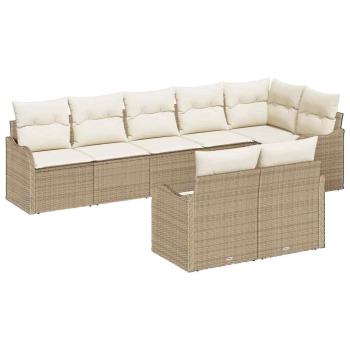 8-teiliges Garten-Sofa-Set mit Kissen in beige Poly-Rattan, 2-Sitzer Garten-Sofa mit Kissen in beige Poly-Rattan