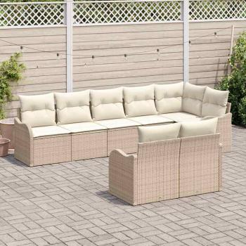 8-teiliges Garten-Sofa-Set mit Kissen in beige Poly-Rattan, 2-Sitzer Garten-Sofa mit Kissen in beige Poly-Rattan