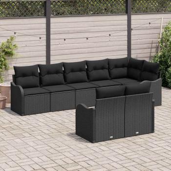 8-teiliges Garten-Sofa-Set mit Kissen Schwarzes Poly-Rattan, 2-Sitzer Garten-Sofa mit Kissen Schwarzes Poly-Rattan