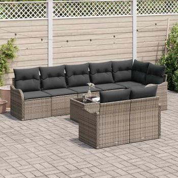 8-teiliges Gartensofa-Set mit Kissen Schwarz Poly-Rattan, 2-Sitzer Gartensofa mit Kissen Grau Poly-Rattan