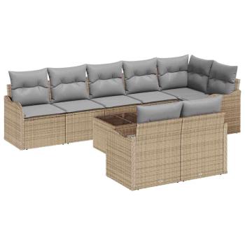 9-teiliges Gartensofa Set mit Kissen Schwarzes Poly Rattan, 2-Sitzer Gartensofa mit Kissen Beiges Poly Rattan