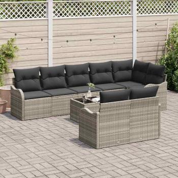9-teiliges Garten Sofa Set mit Kissen Grau Poly Rattan, 2-Sitzer Garten Sofa mit Kissen Hellgrau Poly Rattan