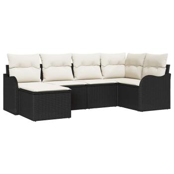 6-teiliges Garten Sofa Set mit Kissen Schwarz Poly Rattan, 2-Sitzer Garten Sofa mit Kissen Schwarz Poly Rattan