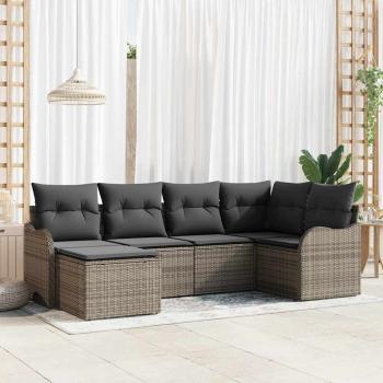ARDEBO.de - 6-teiliges Garten Sofa Set mit Kissen Grau Poly Rattan, 2-Sitzer Garten Sofa mit Kissen Grau Poly Rattan