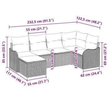 6-teiliges Garten Sofa Set mit Kissen Grau Poly Rattan, 2-Sitzer Garten Sofa mit Kissen Grau Poly Rattan