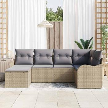 6-teiliges Garten Sofa Set mit Kissen Beige Poly Rattan, 2-Sitzer Garten Sofa mit Kissen Beige Poly Rattan
