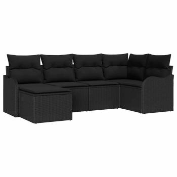 6-teiliges Garten Sofa Set mit Kissen Schwarz Poly Rattan, 2-Sitzer Garten Sofa mit Kissen Schwarz Poly Rattan