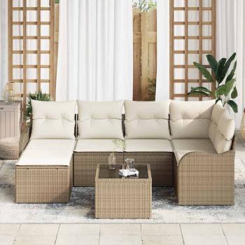 7-teiliges Garten-Sofa-Set mit Kissen braunes Poly-Rattan, 2-Sitzer Garten-Sofa mit Kissen beiges Poly-Rattan