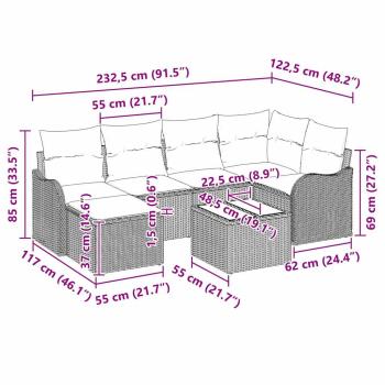 7-teiliges Garten-Sofa-Set mit Kissen braunes Poly-Rattan, 2-Sitzer Garten-Sofa mit Kissen beiges Poly-Rattan