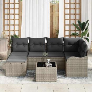 7-teiliges Garten-Sofa-Set mit Kissen Grau Poly-Rattan, 2-Sitzer Garten-Sofa mit Kissen Hellgrau Poly-Rattan