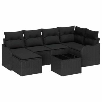 7-teiliges Garten-Sofaset mit Kissen Beige Poly Rattan, 2-Sitzer Garten-Sofa mit Kissen Schwarzes Poly Rattan