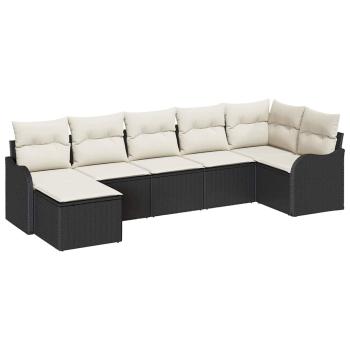 7-teiliges Garten-Sofa-Set mit Kissen Schwarz Poly-Rattan, 2-Sitzer Garten-Sofa mit Kissen Schwarz Poly-Rattan