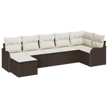 7-teiliges Garten Sofa Set mit Kissen Braun Poly Rattan, 2-Sitzer Garten Sofa mit Kissen Braun Poly Rattan