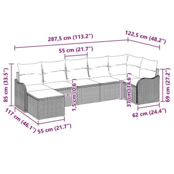 7-teiliges Garten Sofa Set mit Kissen Grau Poly Rattan, 2-Sitzer Garten Sofa mit Kissen Grau Poly Rattan
