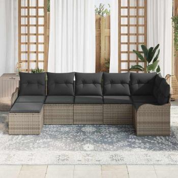 7-teiliges Garten Sofa Set mit Kissen Grau Poly Rattan, 2-Sitzer Garten Sofa mit Kissen Grau Poly Rattan