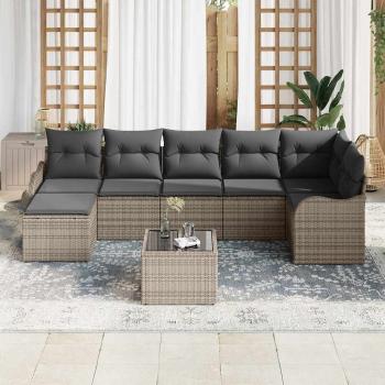 7-teiliges Garten Sofaset mit Kissen Schwarzes Poly Rattan, 2-Sitzer Garten Sofa mit Kissen Graues Poly Rattan