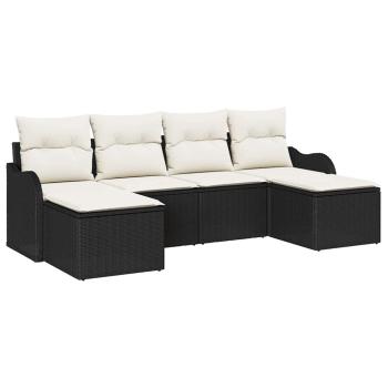 6-teilige Garten Sofa Set mit Kissen Schwarz Poly Rattan, 2-Sitzer Garten Sofa mit Kissen Schwarz Poly Rattan