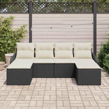 6-teilige Garten Sofa Set mit Kissen Schwarz Poly Rattan, 2-Sitzer Garten Sofa mit Kissen Schwarz Poly Rattan