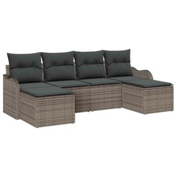 6-teiliges Garten Sofa Set mit Kissen Grau Poly Rattan, 2-Sitzer Garten Sofa mit Kissen Grau Poly Rattan