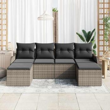 6-teiliges Garten Sofa Set mit Kissen Grau Poly Rattan, 2-Sitzer Garten Sofa mit Kissen Grau Poly Rattan