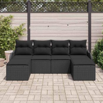 6-teiliges Garten-Sofa-Set mit Kissen Schwarz Poly Rattan, 2-Sitzer Garten-Sofa mit Kissen Schwarz Poly Rattan