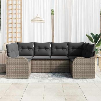 6-teiliges Garten Sofa Set mit Kissen Grau Poly Rattan, 2-Sitzer Garten Sofa mit Kissen Grau Poly Rattan