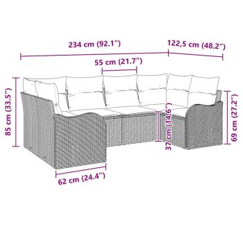 6-teiliges Garten Sofa Set mit Kissen Grau Poly Rattan, 2-Sitzer Garten Sofa mit Kissen Grau Poly Rattan