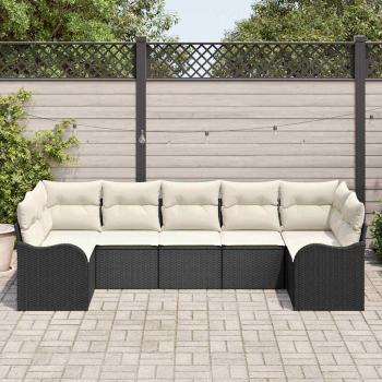 7-teiliges Garten-Sofa-Set mit Kissen aus schwarzem Poly-Rattan, 2-Sitzer Garten-Sofa mit Kissen aus schwarzem Poly-Rattan